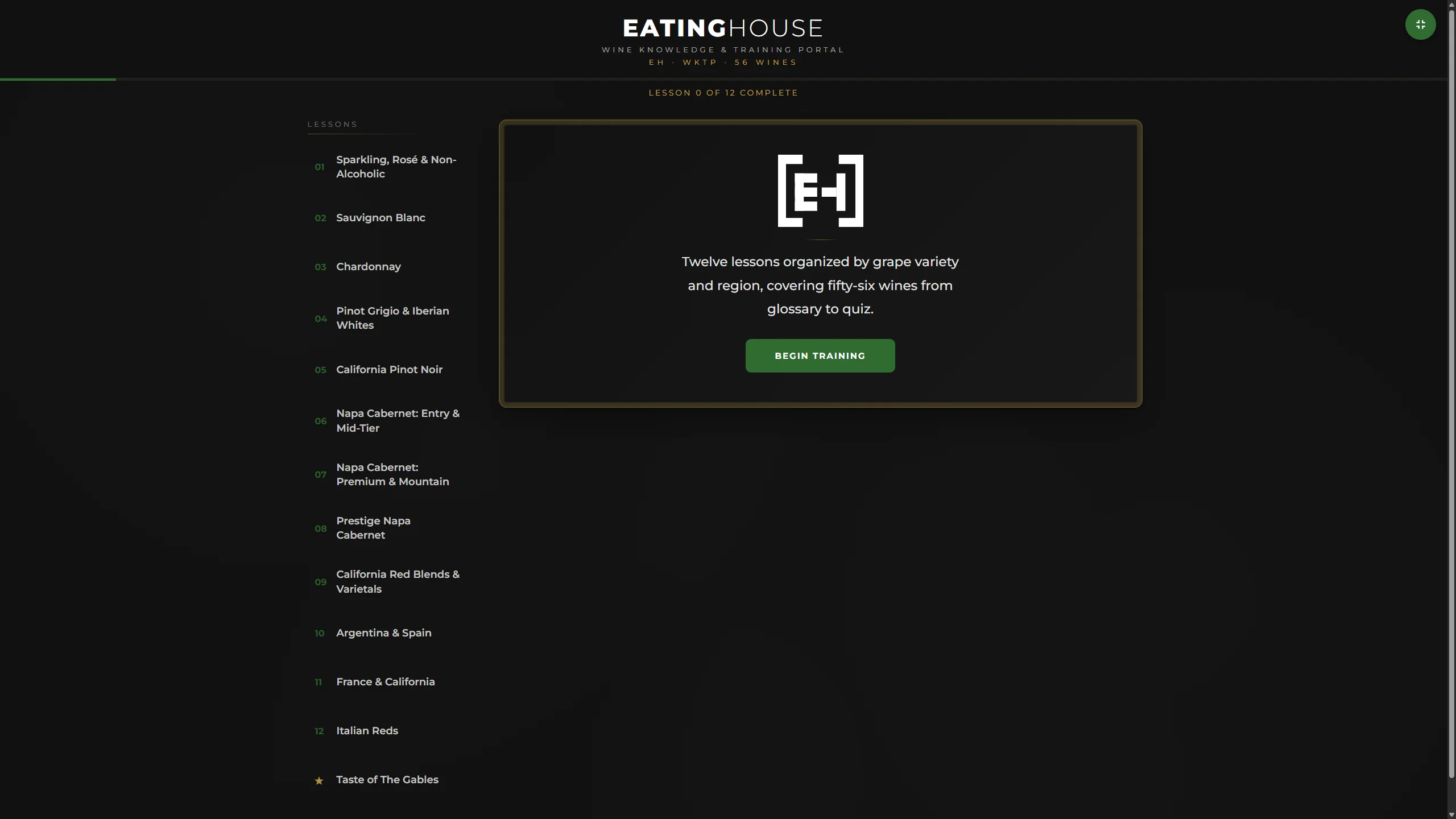 Eating House Wine & Knowledge Training Portal — landing screen