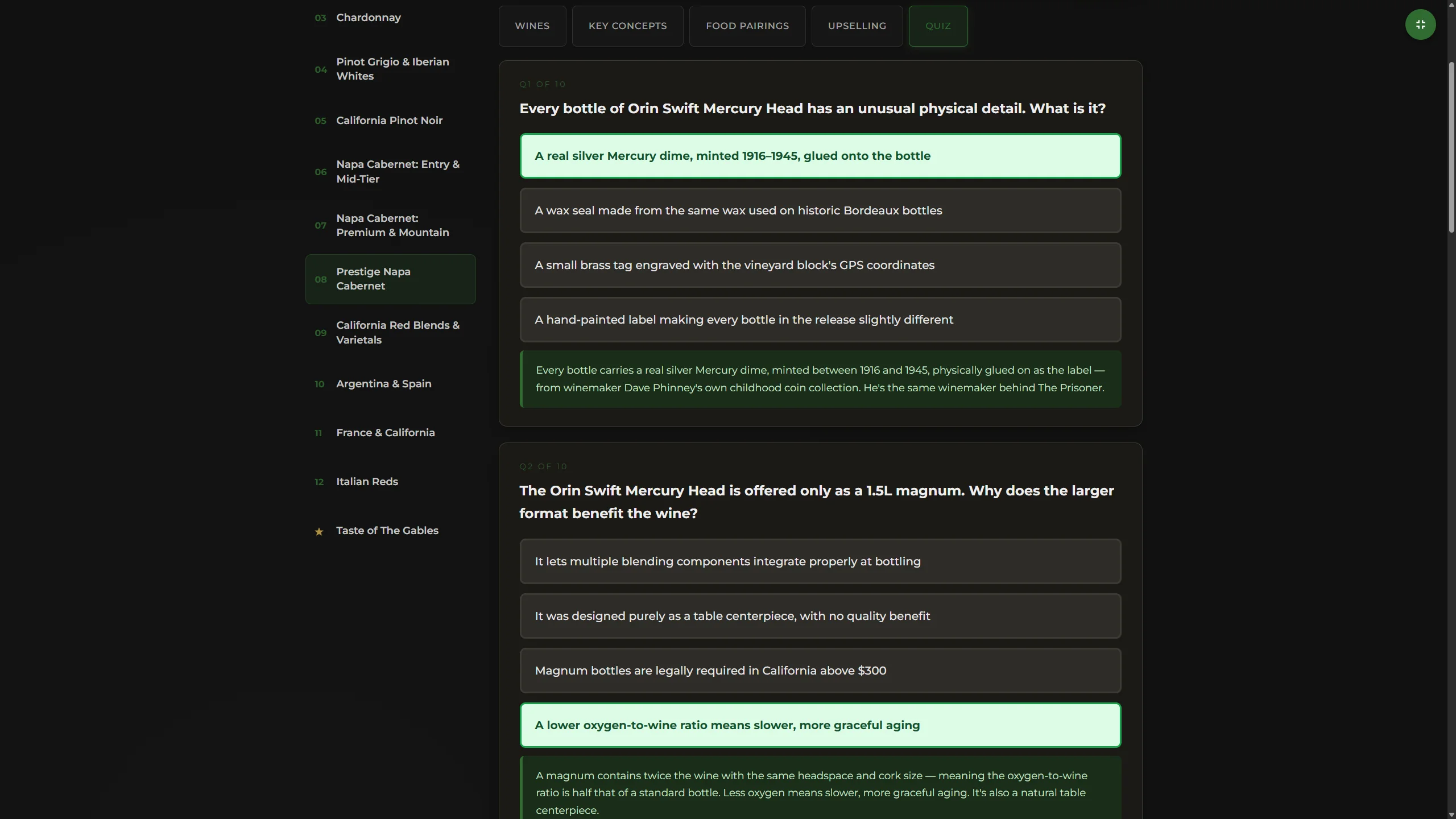 Eating House Wine & Knowledge Training Portal — knowledge quiz